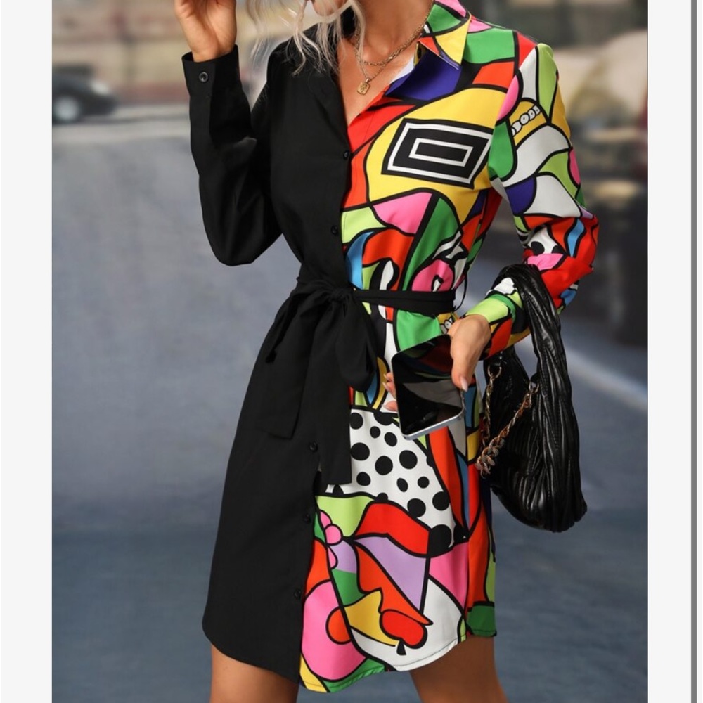 Elegant Abstract Geo Pop Art Print Long Sleeve Belted Button Down Shirt Dress - Picture 12 of 12